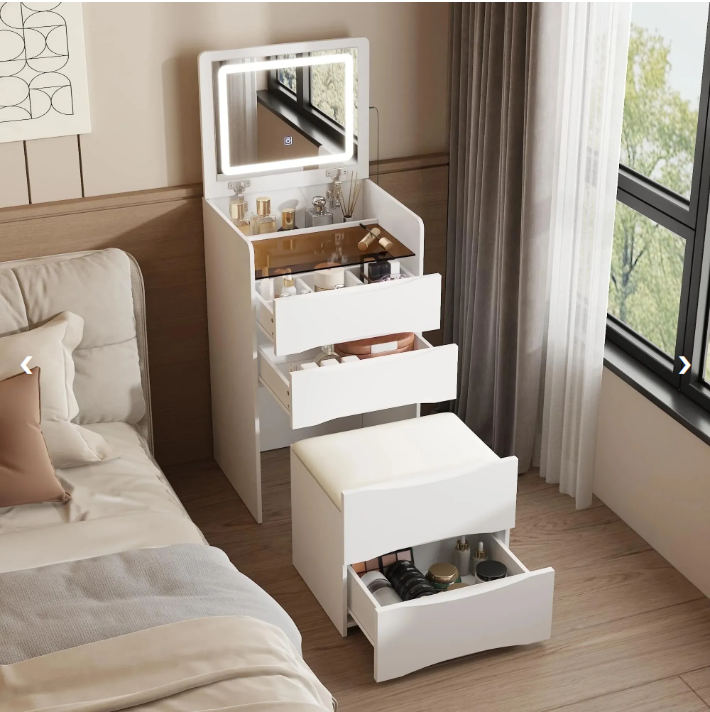 3-i-1 Sminkbord med spegel, pall & förvaring – Glasbordsskiva & kompakt design