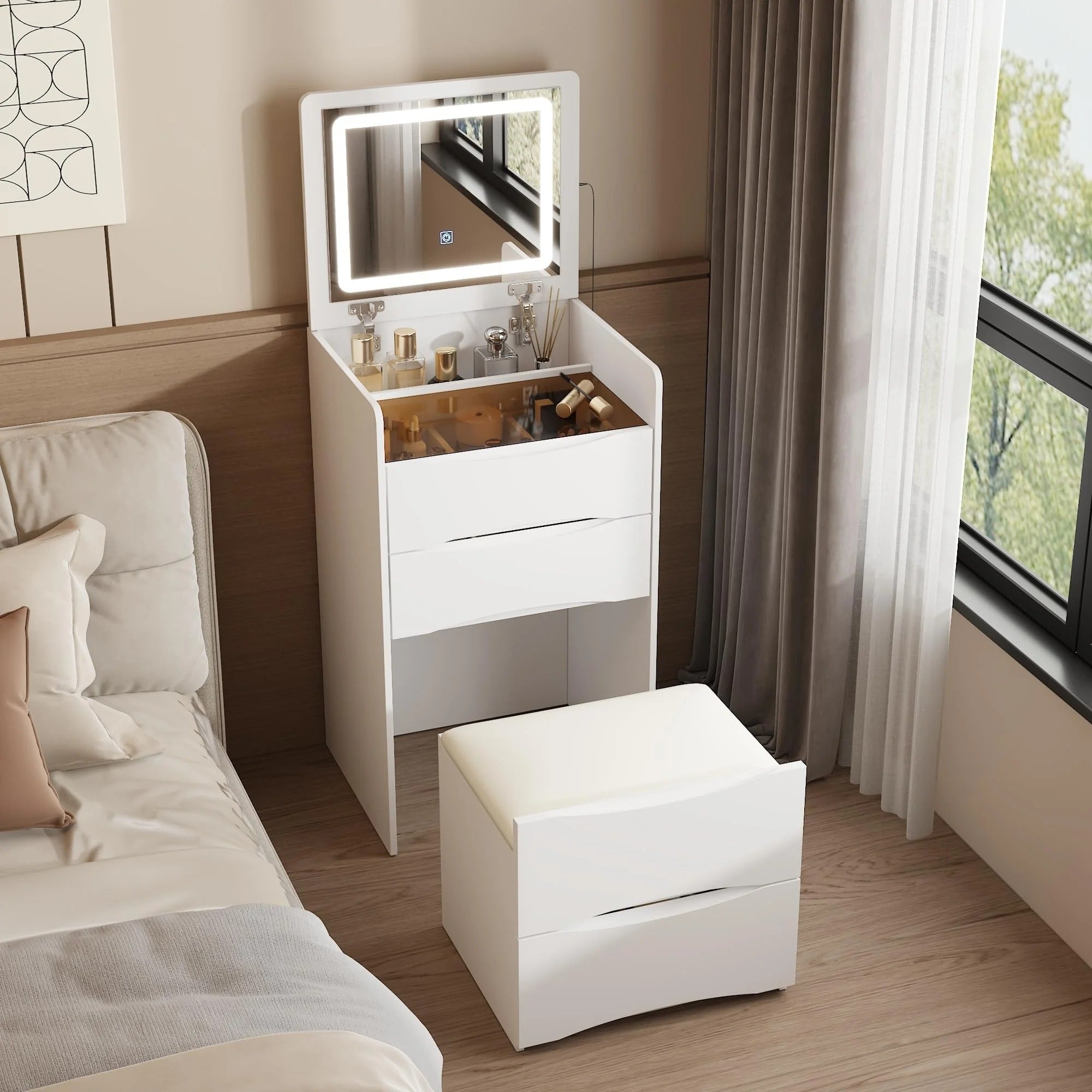 3-i-1 Sminkbord med spegel, pall & förvaring – Glasbordsskiva & kompakt design