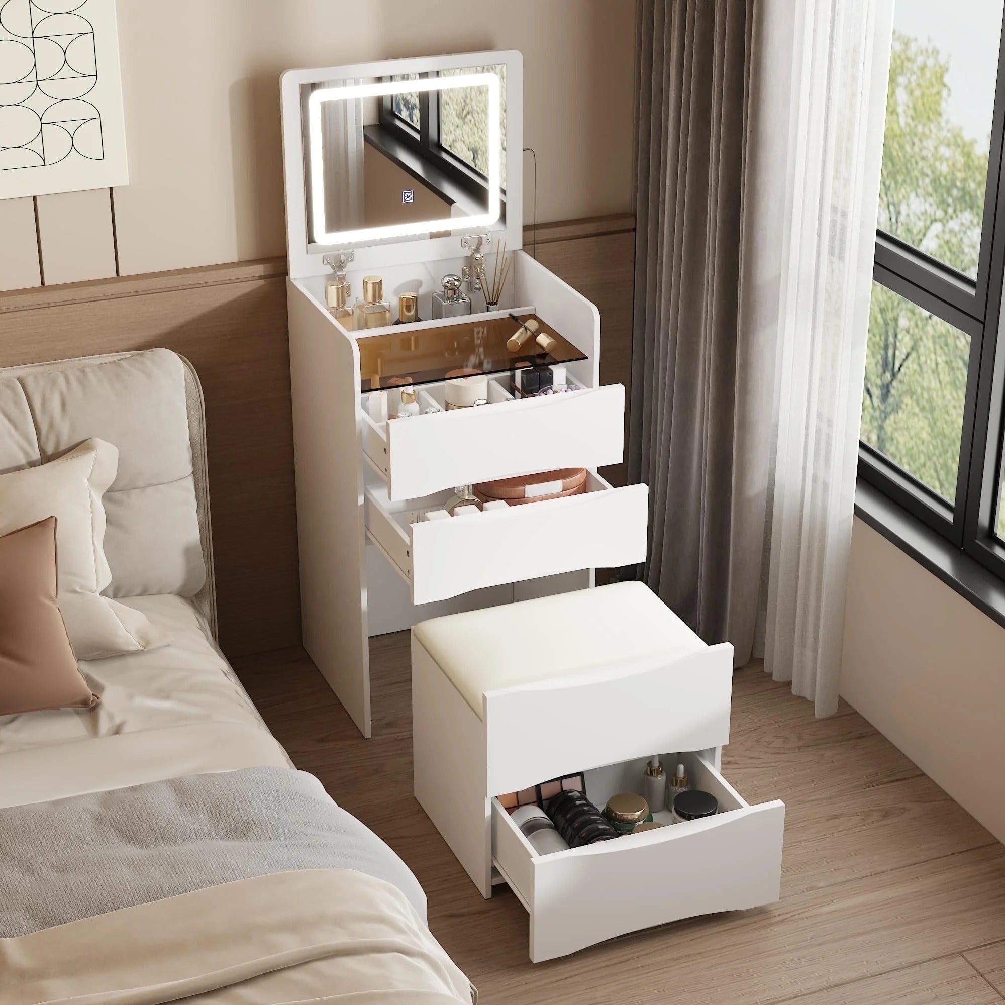 3-i-1 Sminkbord med spegel, pall & förvaring – Glasbordsskiva & kompakt design