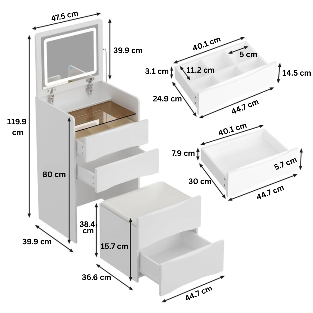 3-i-1 Sminkbord med spegel, pall & förvaring – Glasbordsskiva & kompakt design